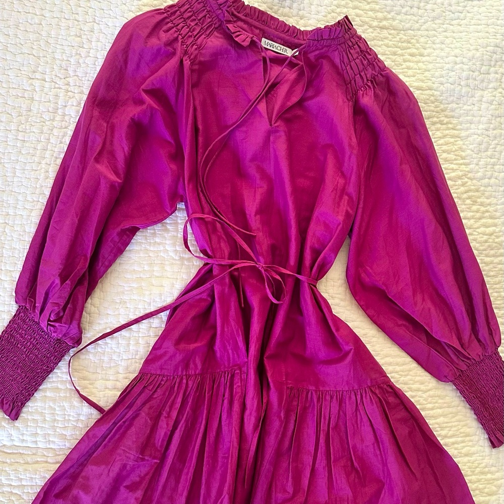 Mariacher smocked, puff-sleeve short dress. Perfect for brunches.